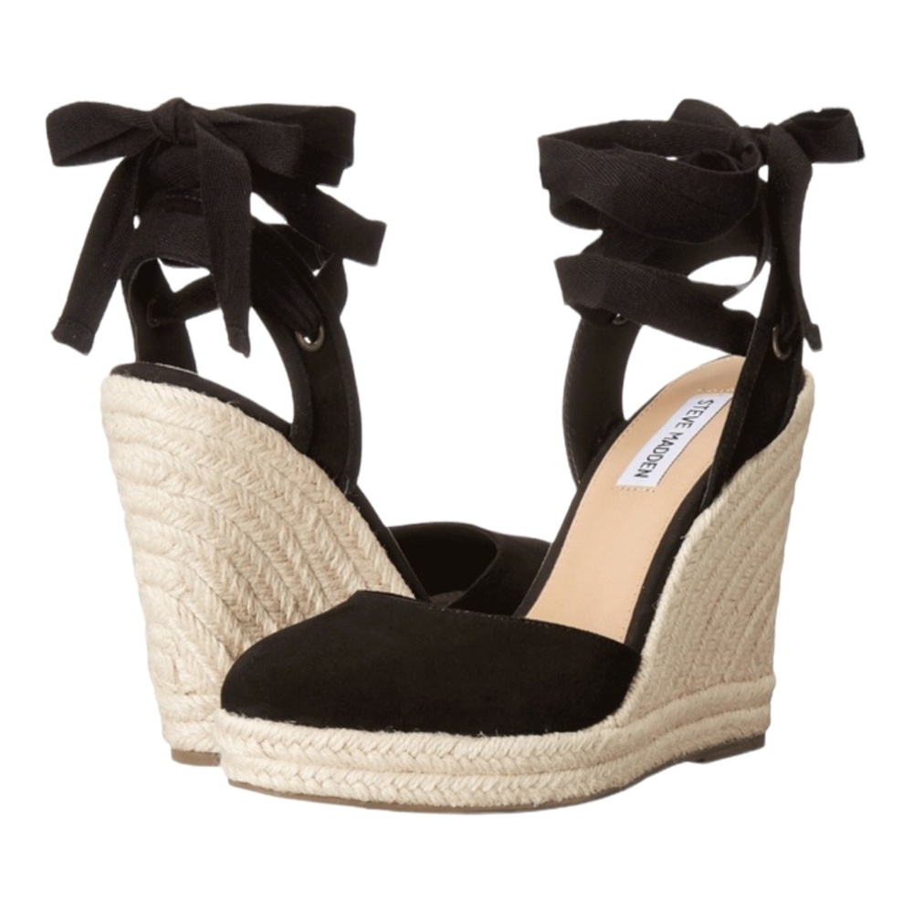 Steve Madden Women's Barre Black Espadrille Wedge Leather Upper.  Size 8 M